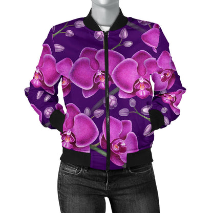 Orchid Purple Pattern Print Design OR02 Women Bomber Jacket