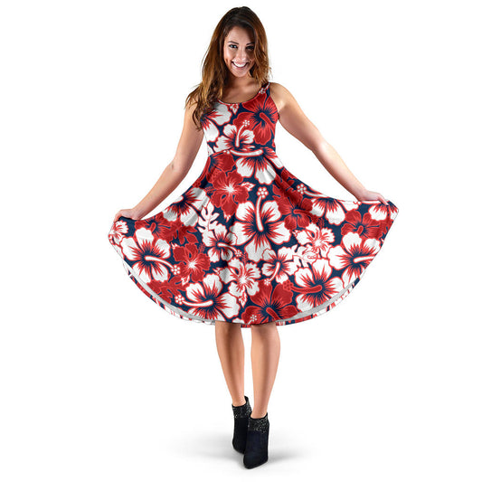 Red Hibiscus Pattern Print Design HB01 Midi Dress