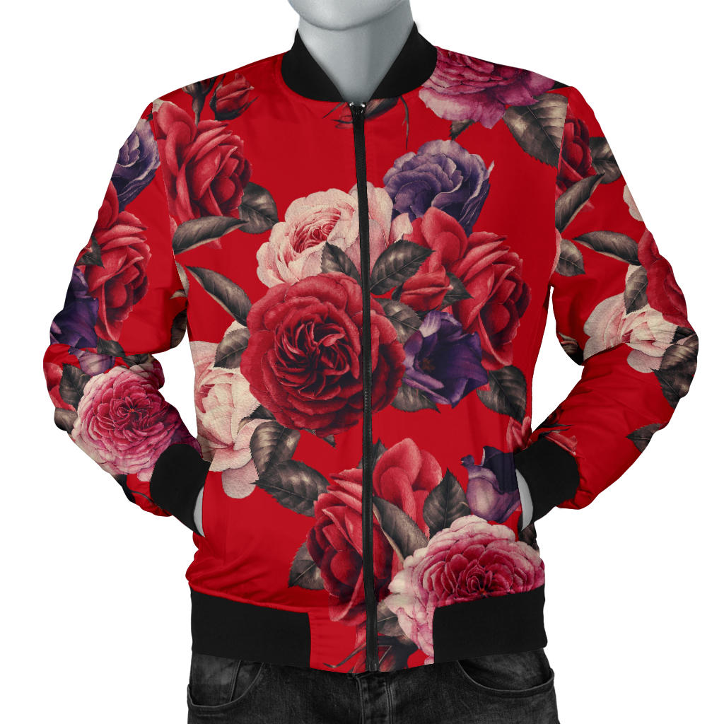Rose Red Pattern Print Design RO07 Men Bomber Jacket