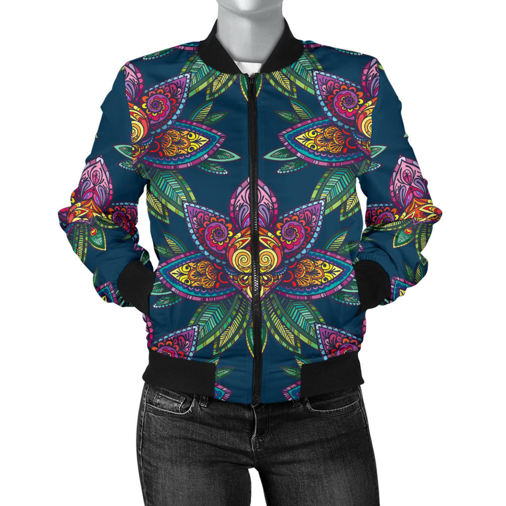 lotus Boho Pattern Print Design LO04 Women Bomber Jacket