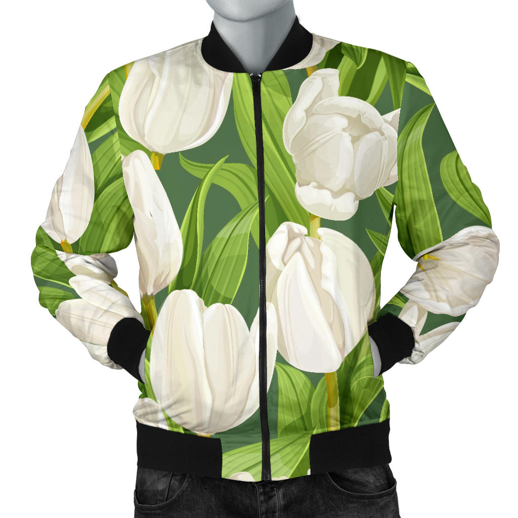 Tulip White Pattern Print Design TP05 Men Bomber Jacket