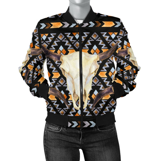 Buffalo Head Pattern Print Design 03 Women's Bomber Jacket
