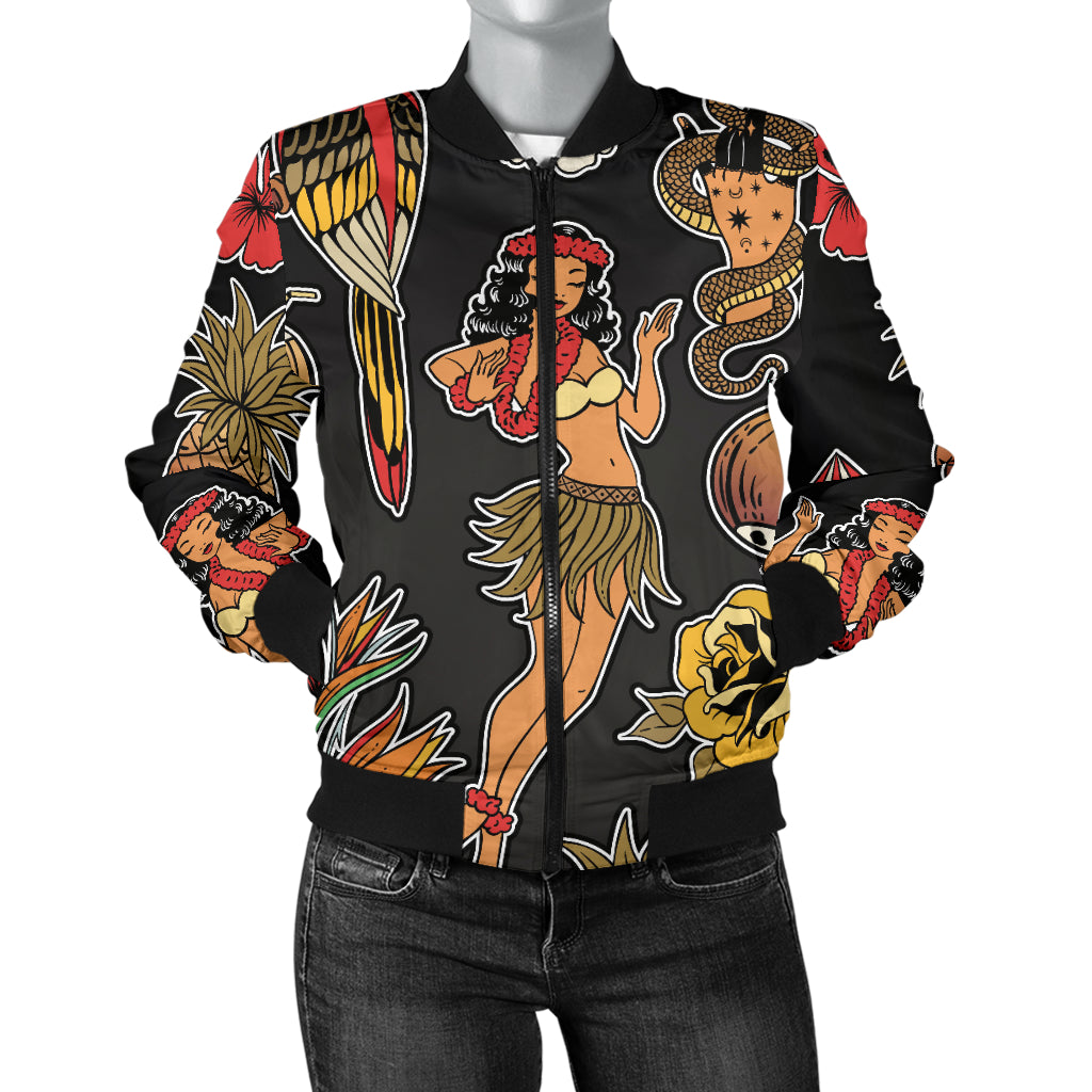 Hula Dancers Hawaiian Style Pattern Print Design 02 Women's Bomber Jacket