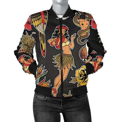 Hula Dancers Hawaiian Style Pattern Print Design 02 Women's Bomber Jacket