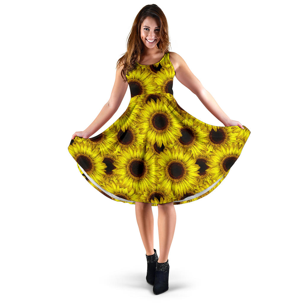 Sunflower Pattern Print Design SF011 Midi Dress