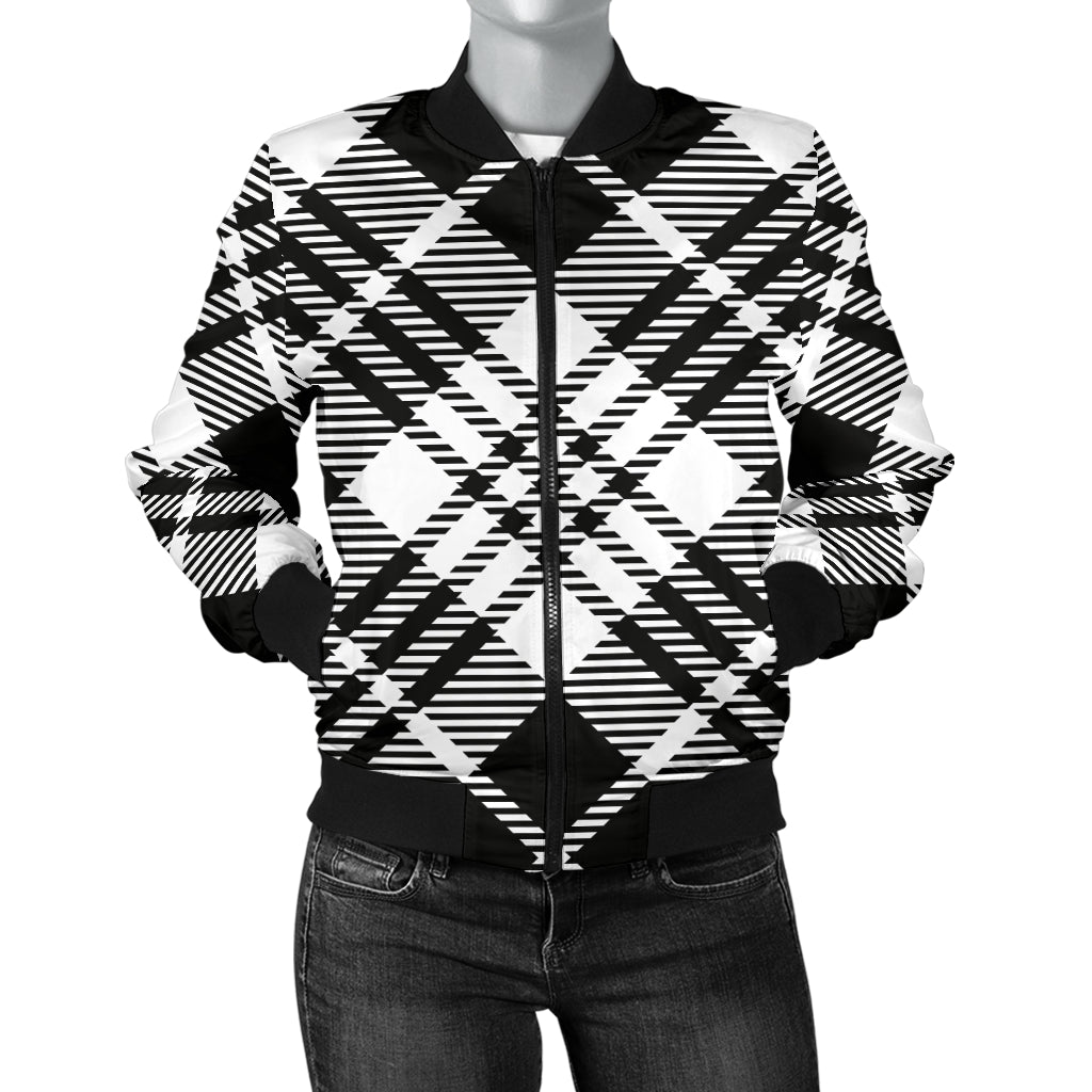 Plaid Black White Pattern Print Design A02 Women's Bomber Jacket