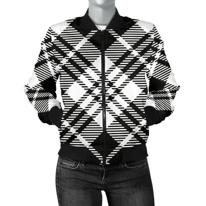 Plaid Black White Pattern Print Design A02 Women's Bomber Jacket