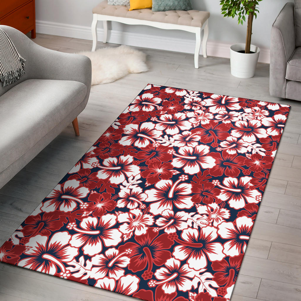 Red Hibiscus Pattern Print Design HB01 Area Rugs