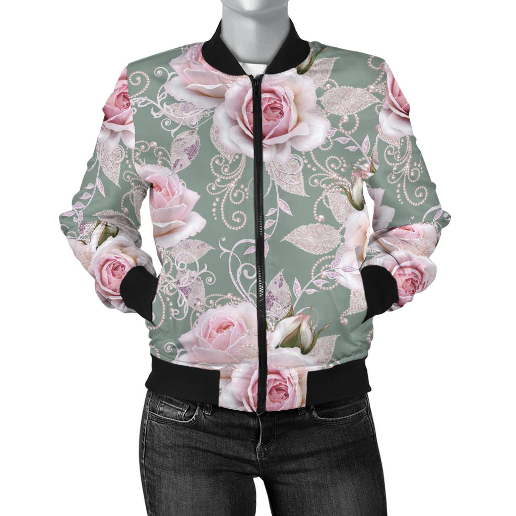 Rose White Pattern Print Design RO012 Women Bomber Jacket