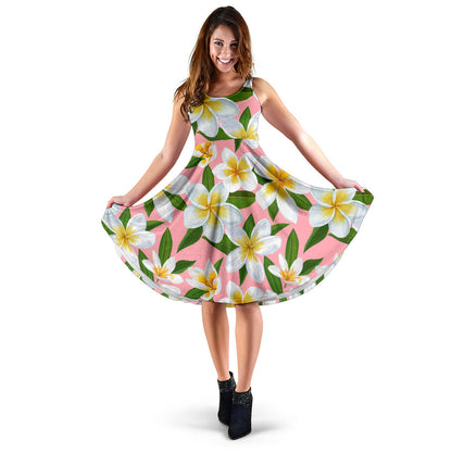 White Plumeria Pattern Print Design PM011 Midi Dress
