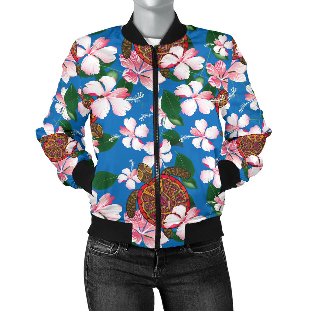 Sea Turtle Pink Hibiscus Hawaiian Print Women Bomber Jacket