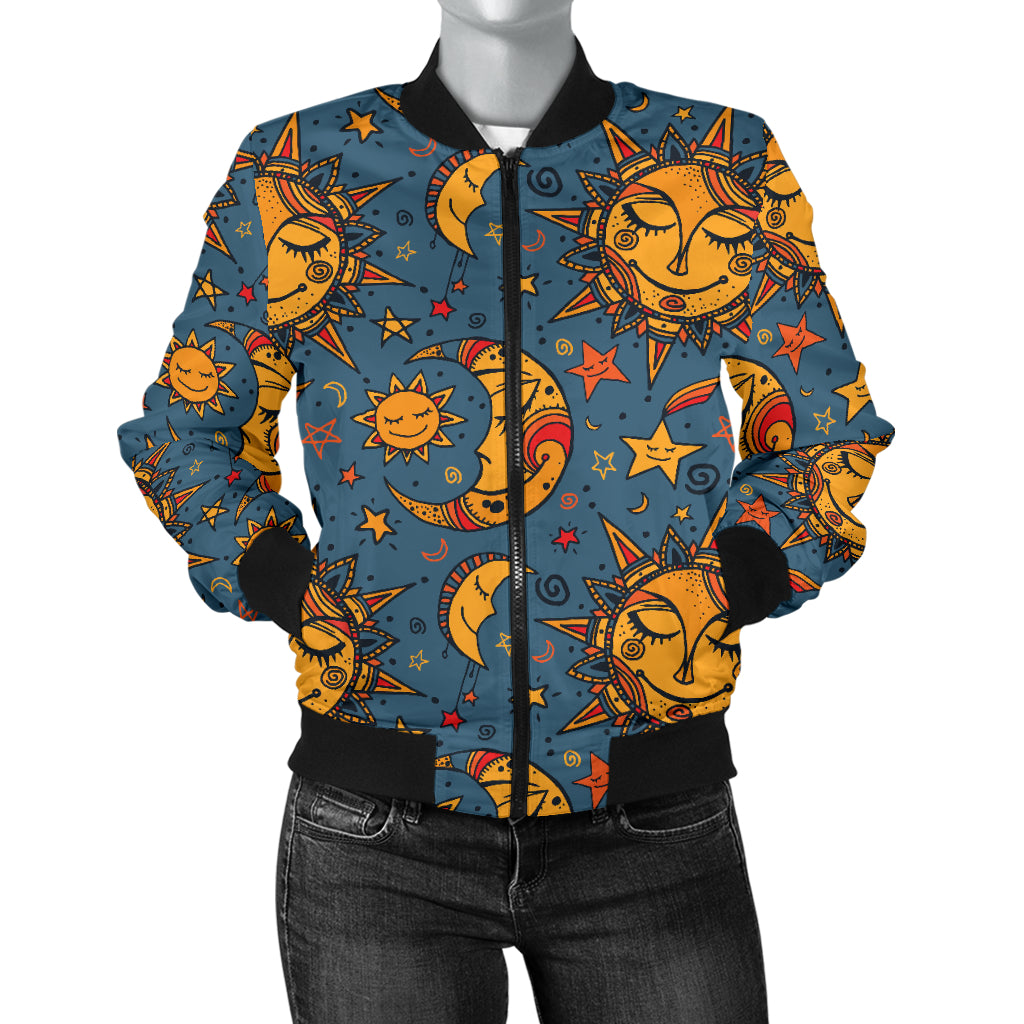 Celestial Moon Sun Pattern Print Design 02 Women's Bomber Jacket