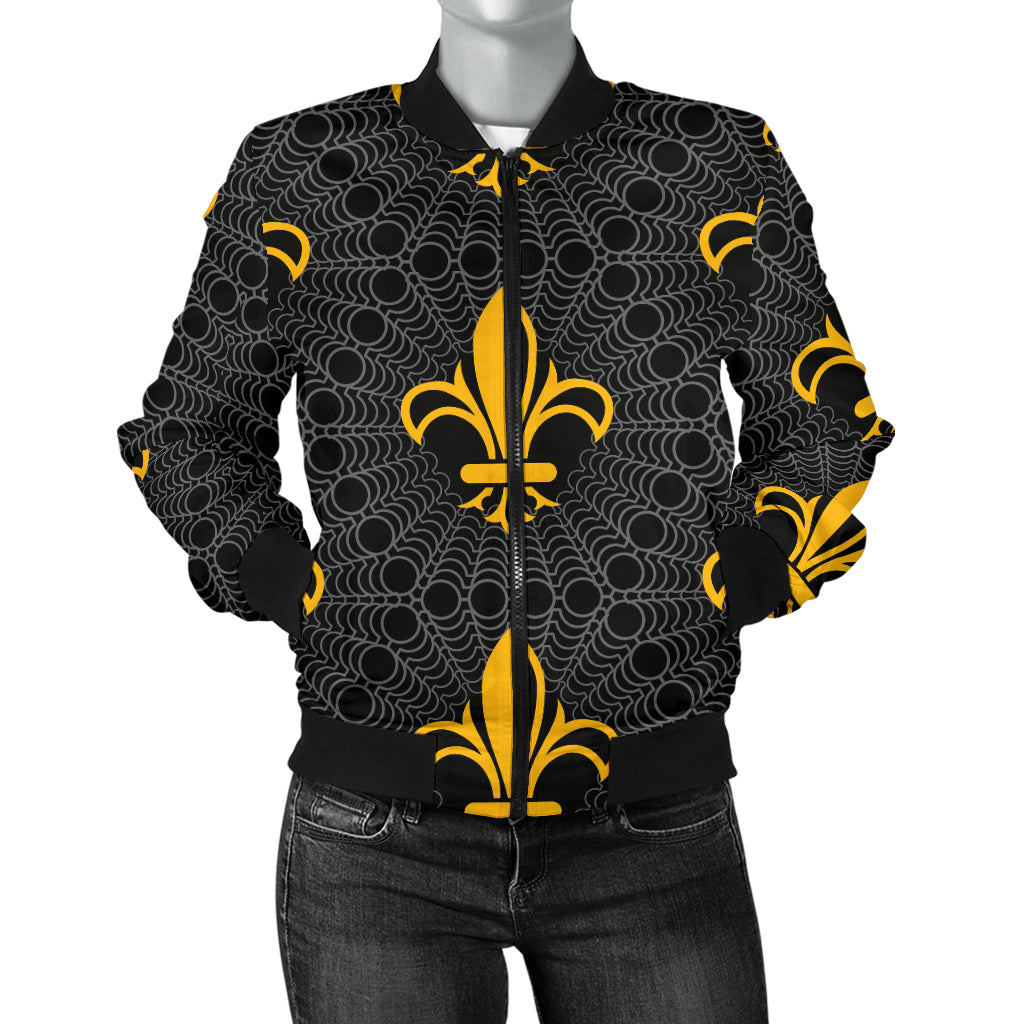 Fleur De Lis Gold Pattern Print Design 01 Women's Bomber Jacket