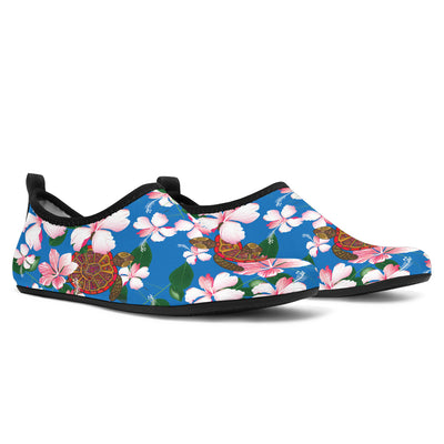 Sea Turtle Pink Hibiscus Hawaiian Print Aqua Water Shoes