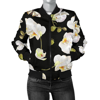 Orchid White Pattern Print Design OR011 Women Bomber Jacket