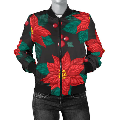 Poinsettia Pattern Print Design POT07 Women Bomber Jacket