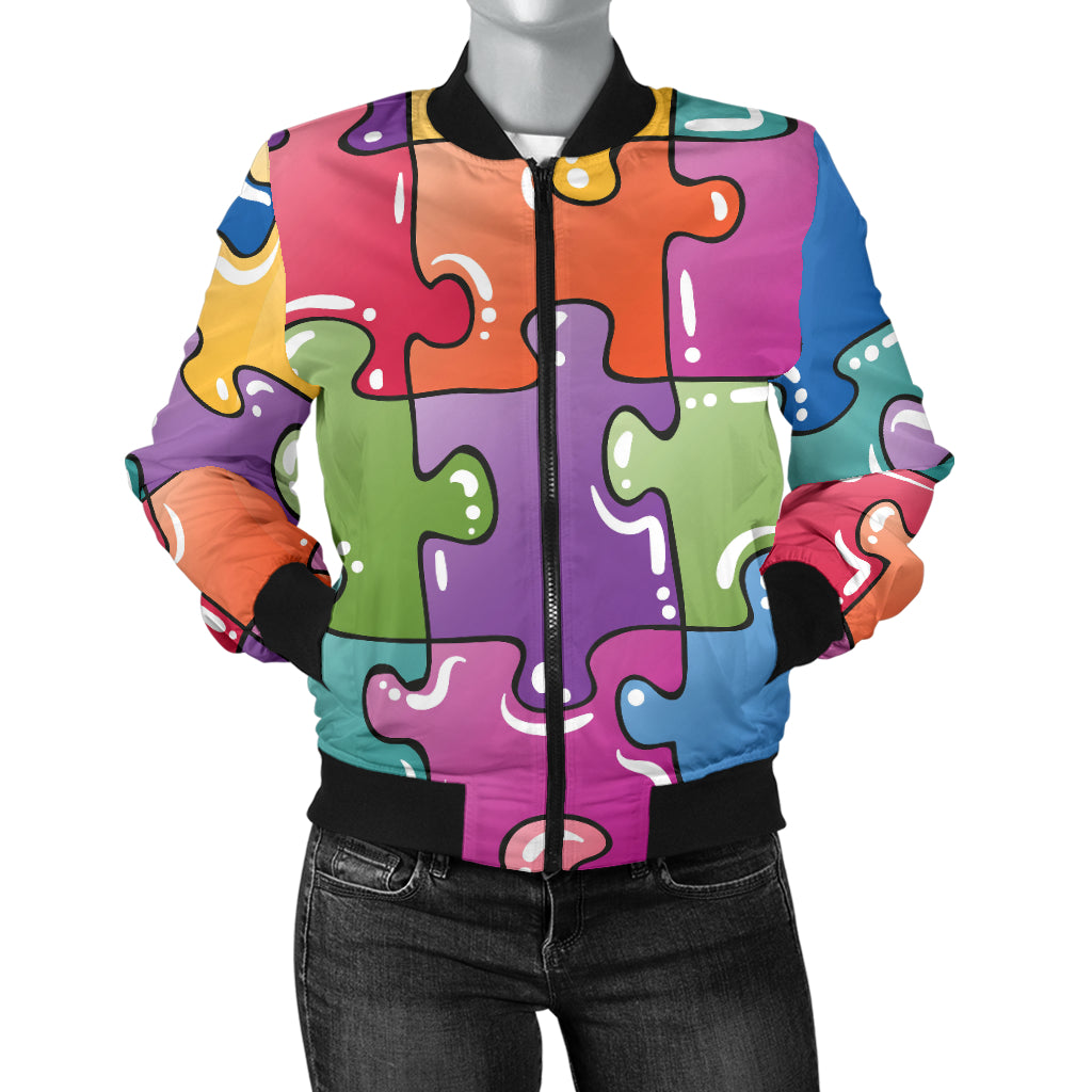 Puzzle Pattern Print Design A05 Women's Bomber Jacket