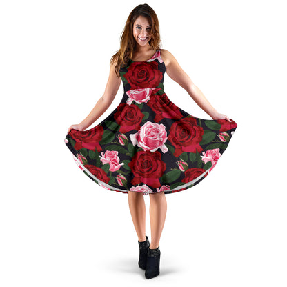 Rose Red Pink Pattern Print Design RO01 Midi Dress