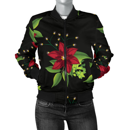 Poinsettia Pattern Print Design A01 Women's Bomber Jacket