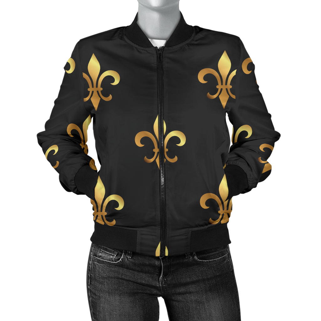 Fleur De Lis Gold Pattern Print Design 03 Women's Bomber Jacket