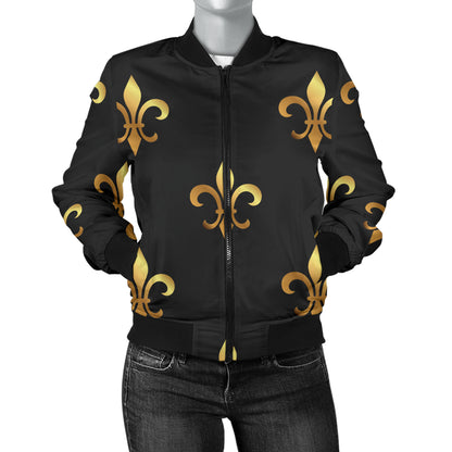 Fleur De Lis Gold Pattern Print Design 03 Women's Bomber Jacket