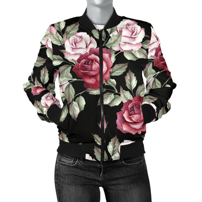 Rose Red Pink Pattern Print Design RO03 Women Bomber Jacket