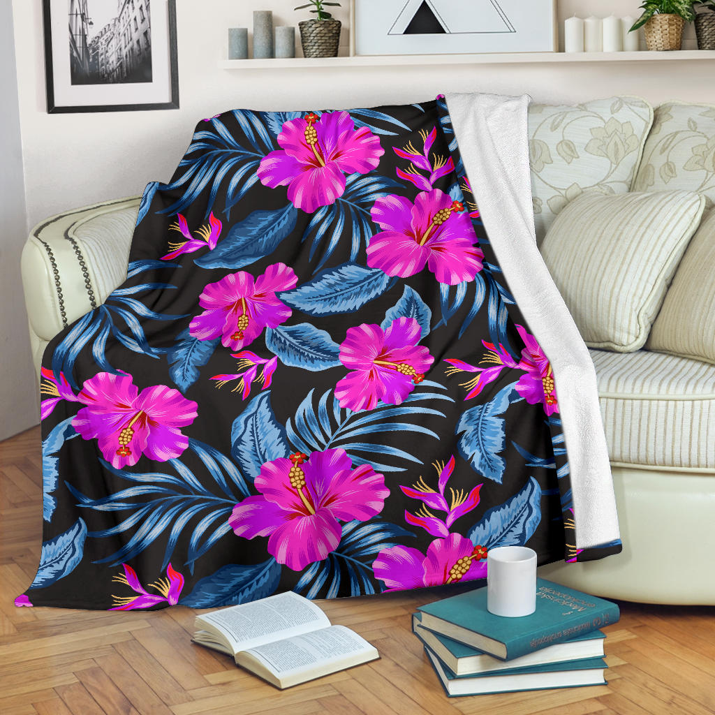 Neon Pink Hibiscus Pattern Print Design HB015 Fleece Blanket