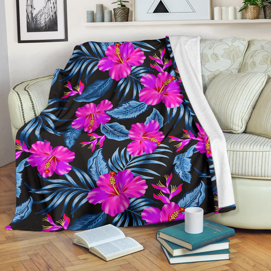 Neon Pink Hibiscus Pattern Print Design HB015 Fleece Blanket