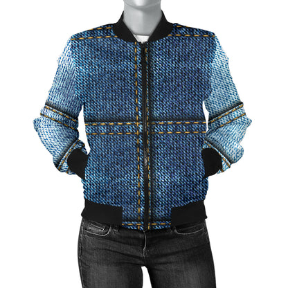 Jean Patchwork Pattern Print Design 02 Women's Bomber Jacket