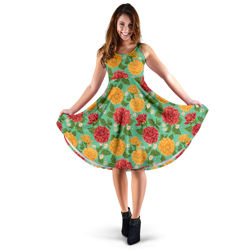 Dahlia Pattern Print Design DH011 Midi Dress