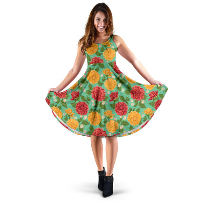 Dahlia Pattern Print Design DH011 Midi Dress