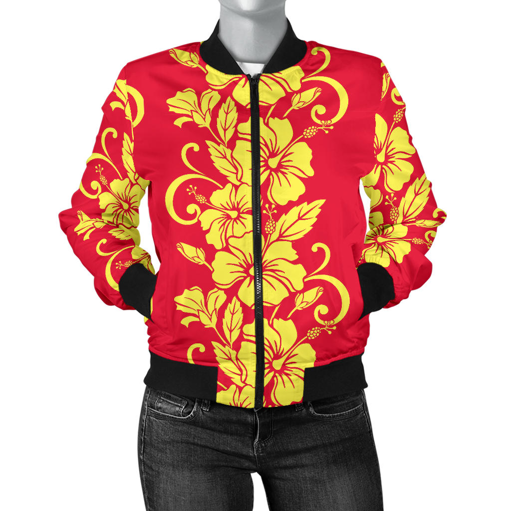 Orange Hibiscus Pattern Print Design HB018 Women Bomber Jacket