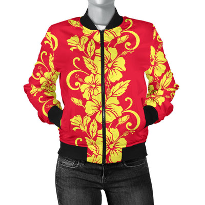 Orange Hibiscus Pattern Print Design HB018 Women Bomber Jacket