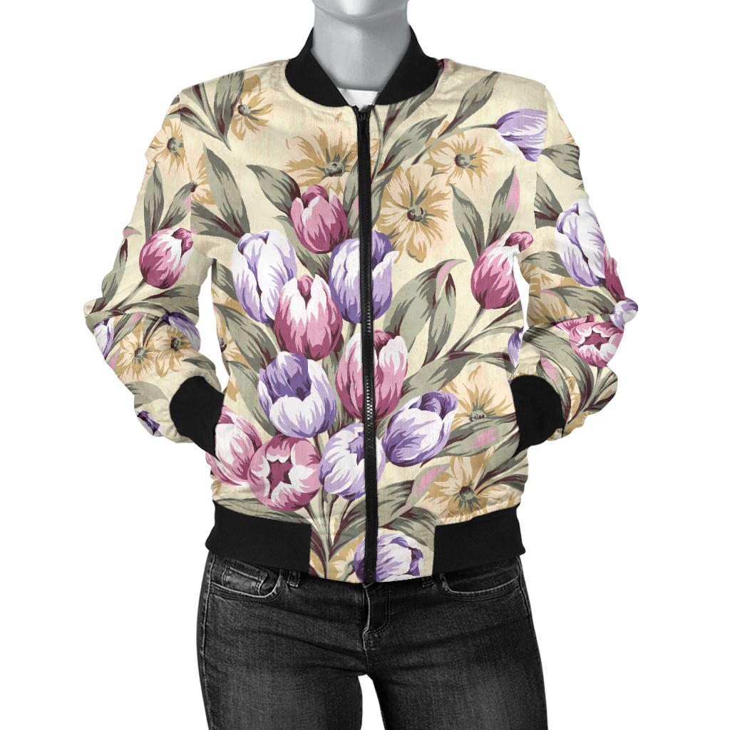Tulip Pattern Print Design TP04 Women Bomber Jacket