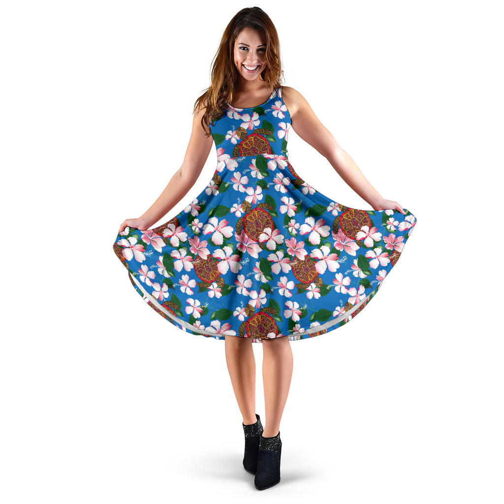 Sea Turtle Pink Hibiscus Hawaiian Print Midi Dress
