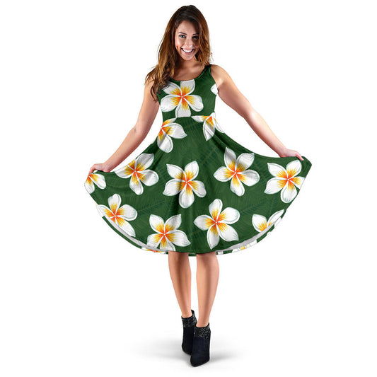 White Plumeria Pattern Print Design PM020 Midi Dress