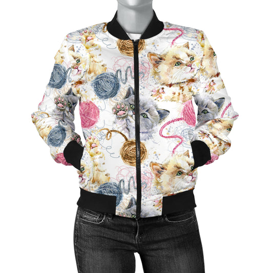 Cat Playing Yarn Pattern Print Design 07 Women's Bomber Jacket