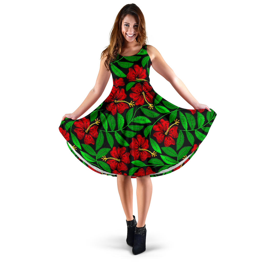 Red Hibiscus Embroidered Pattern Print Design HB032 Midi Dress