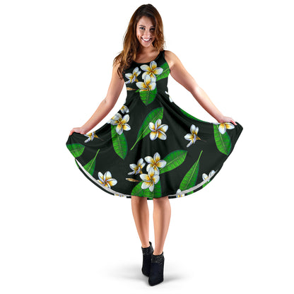 White Plumeria Pattern Print Design PM023 Midi Dress