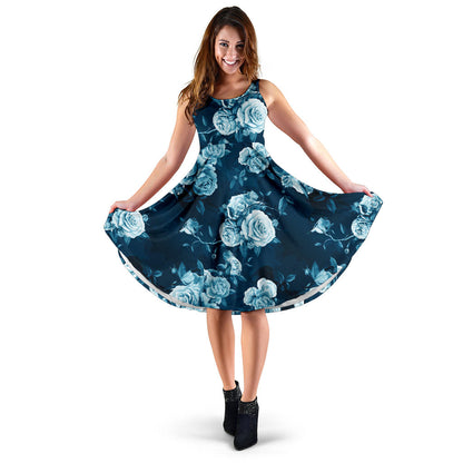 Rose Blue Pattern Print Design RO014 Midi Dress