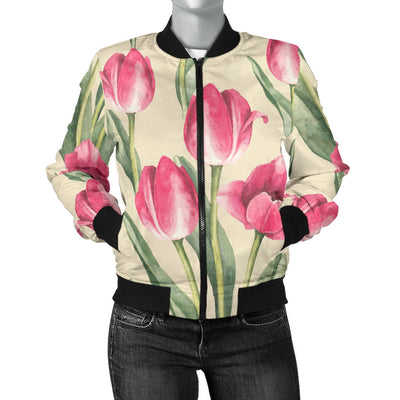 Tulip Pink Pattern Print Design TP06 Women Bomber Jacket