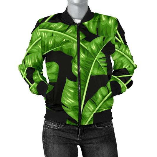 Banana Leaf Pattern Print Design BL01 Women Bomber Jacket