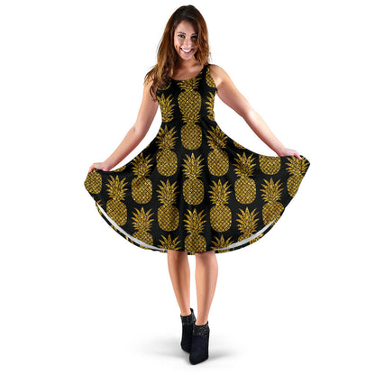 Gold Pineapple Pattern Print Design PP011 Midi Dress