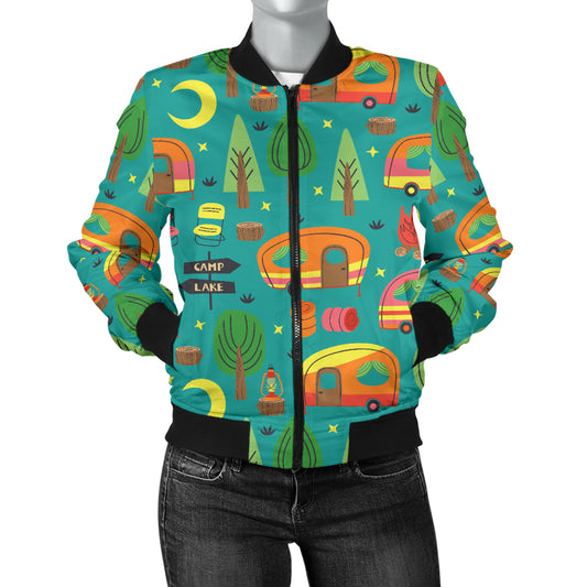 Camping Camper Pattern Print Design 05 Women's Bomber Jacket