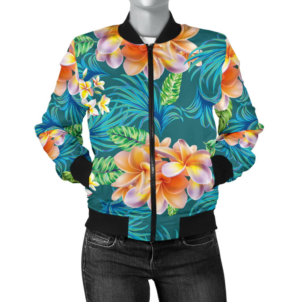 Plumeria Tropical Flower Design Print Women Bomber Jacket