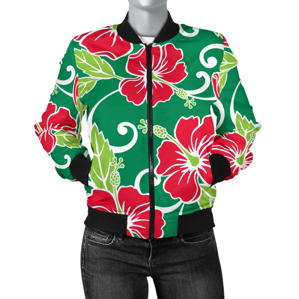 Red Hibiscus Pattern Print Design HB019 Women Bomber Jacket