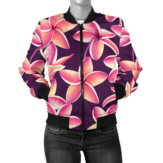 Purple Plumeria Pattern Print Design PM010 Women Bomber Jacket