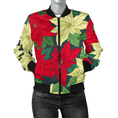 Poinsettia Pattern Print Design POT06 Women Bomber Jacket