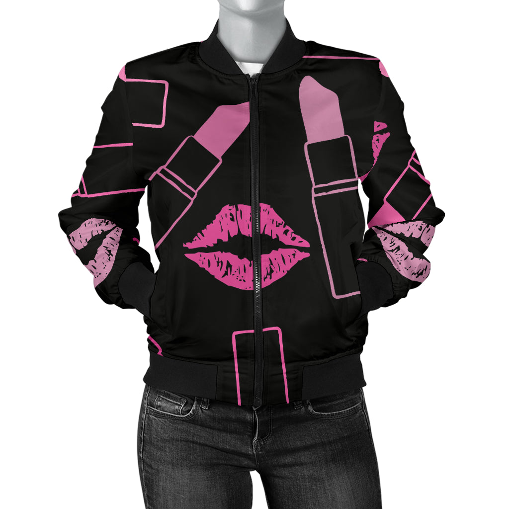 Lipstick Pink Pattern Print Design 01 Women's Bomber Jacket