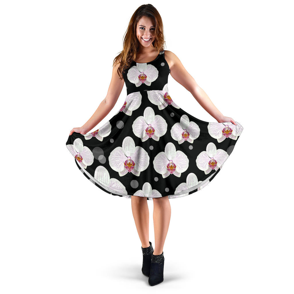 Orchid White Pattern Print Design OR09 Midi Dress